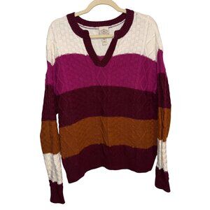 St. Johns Bay Womens Striped Cable Knit Sweater Long Sleeve V-Neck Size L